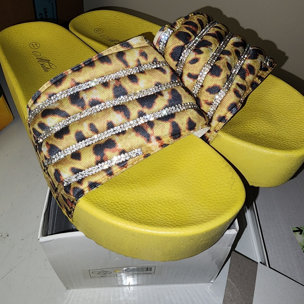 Yellow and black leopard print platform sandals